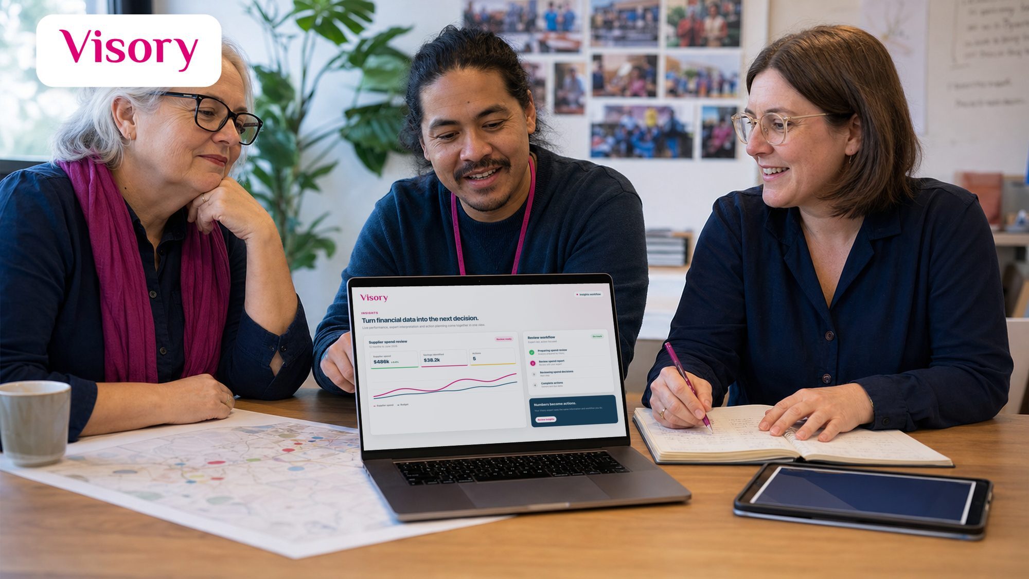 Three not-for-profit leaders reviewing financial insights together on a laptop